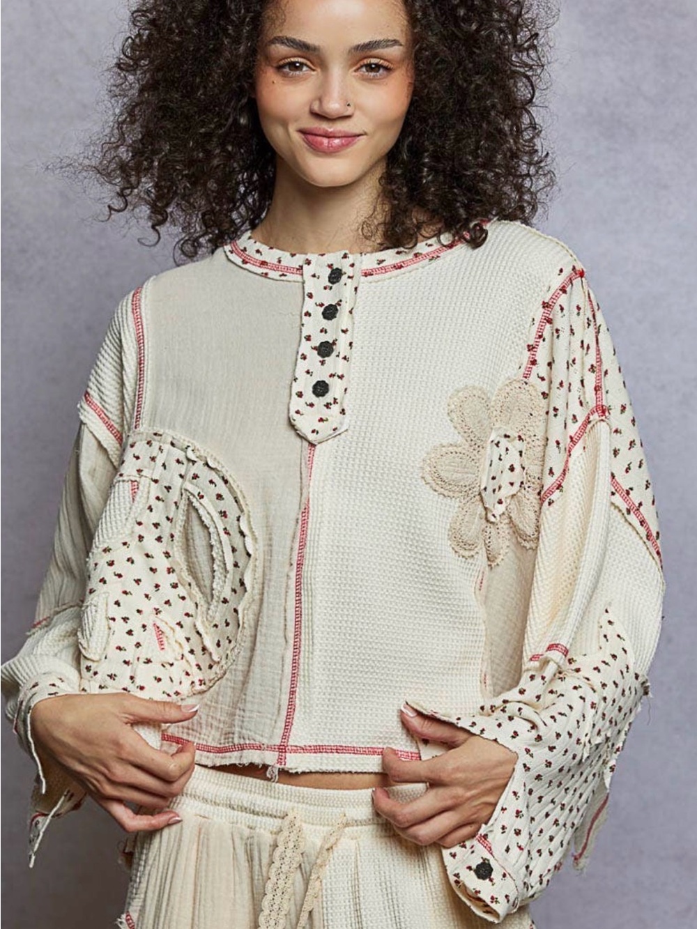 POL Cream Peace Patchwork Crop with Floral Appliqué
